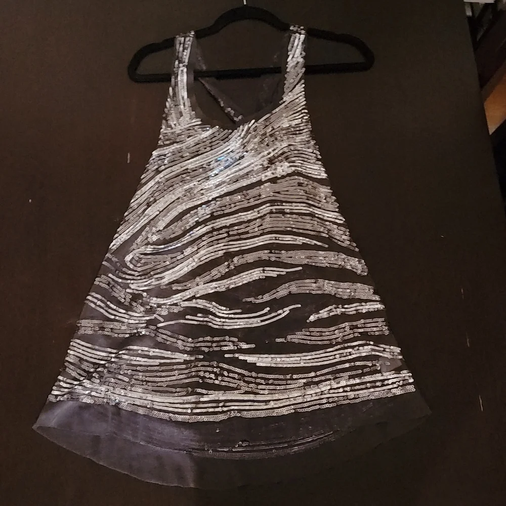 Oversized Sheer Sequin Hi Lo Racerback Flowy Evening Cocktail Tunic Top Size Lrg - Picture 4 of 12